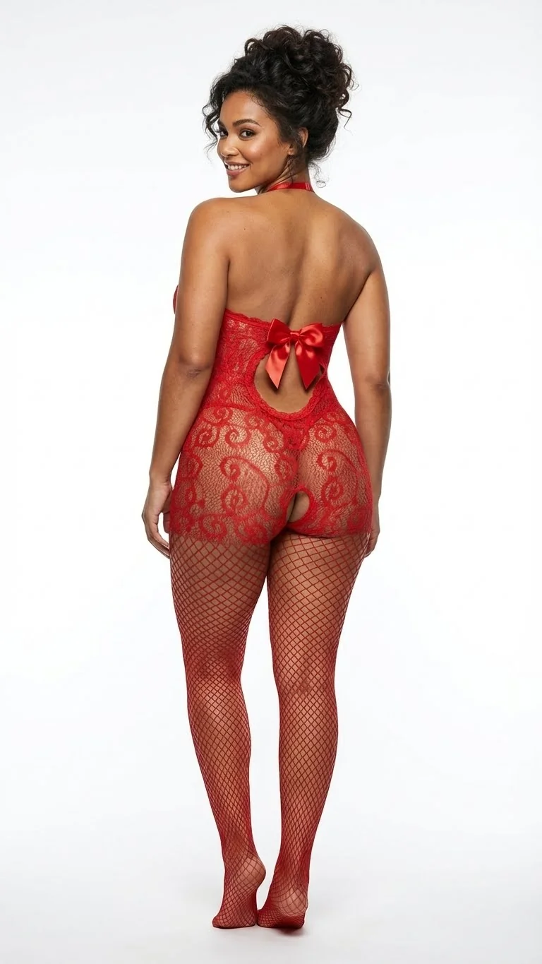 LunaIntim Ağı Açık Kırmızı Vücut Çorabı Fiyonk Detaylı ve Fileli Bodystocking - Vücut Çorabı Tasarım Detay